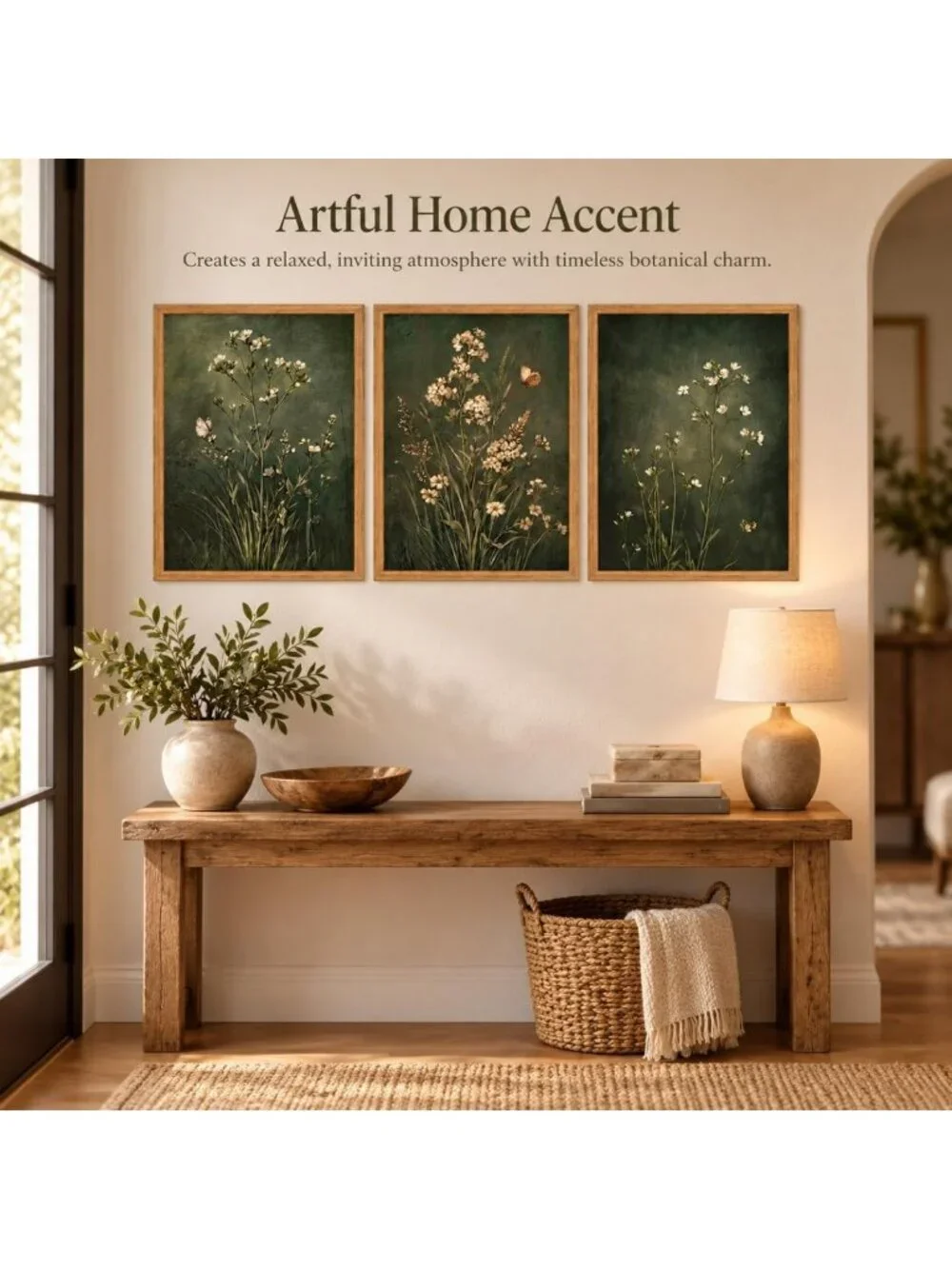 Vintage Floral Botanical Canvas Wall Art Set - 3 Framed Prints, Dark Green 16x12